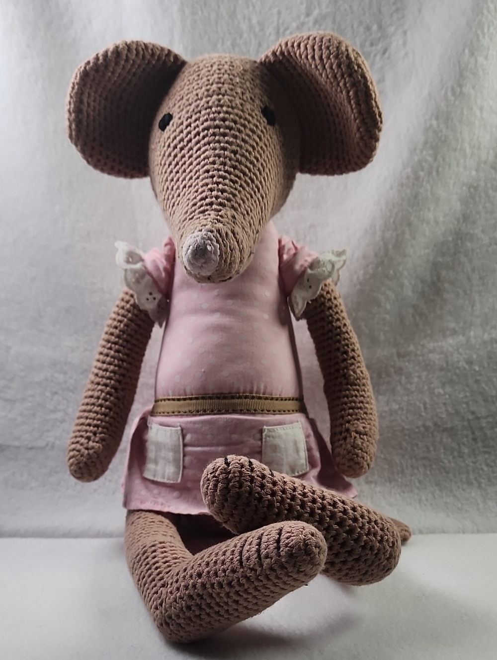 Pottery Barn 2008 Girls Crocheted Mouse Doll in Pink and Brown
